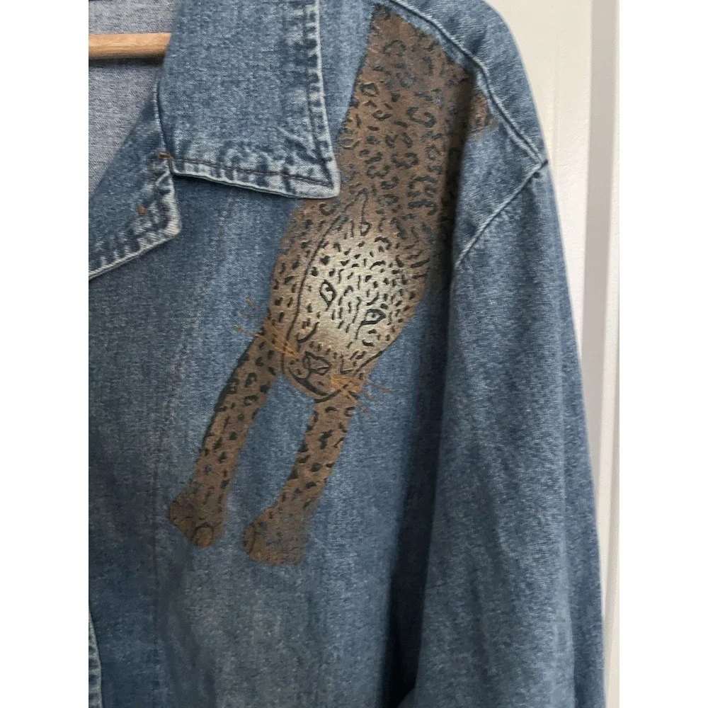 Vintage Shacket Shirt Jean Western Leopard Cheetah Painted XXL‎ Denim Button 460